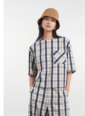 [专柜同款]Yifini/易菲木棉一字领格纹宽松短款文艺小衫D05S1015