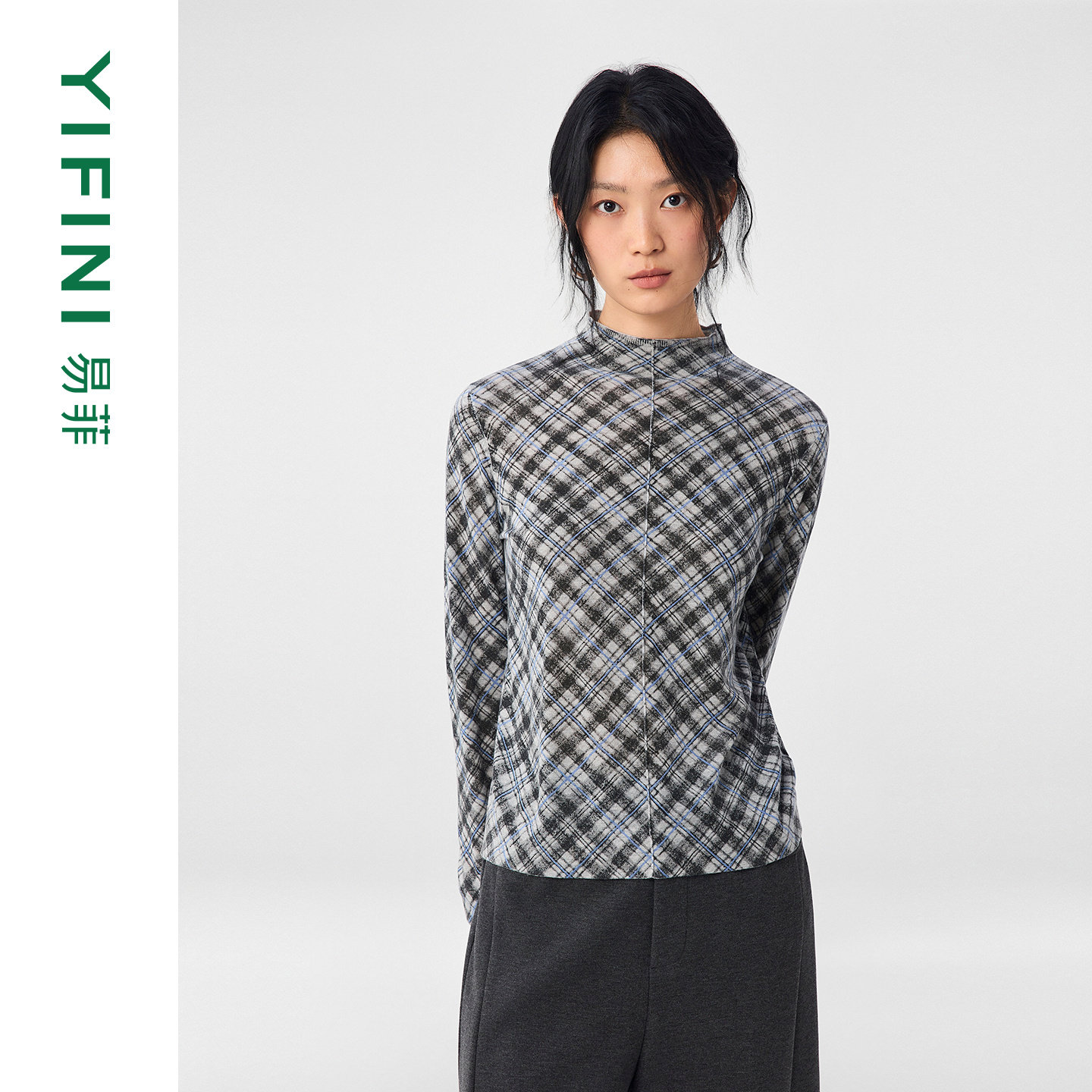 [专柜同款]Yifini/易菲天丝醋酸混纺百搭印花针织衫女打底衫上衣