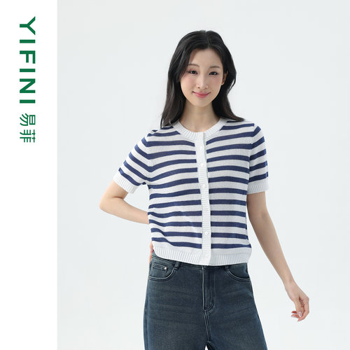 条纹短款修身短袖圆领针织开衫