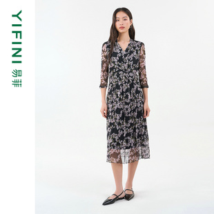 [专柜同款]Yifini/易菲真丝网眼印花V领腰部扭结中袖连衣裙女