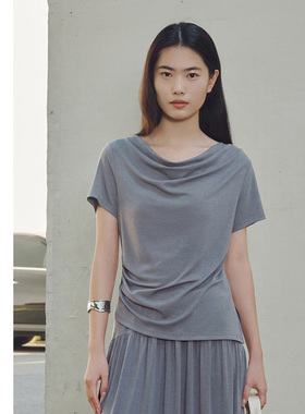 [专柜同款]Yifini/易菲天丝醋酸荡领修身设计感气质T恤女D04Z1402