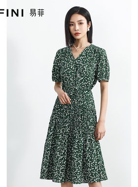 Yifini/易菲清新绿色小碎花V领短袖连衣裙女夏装新款优雅气质