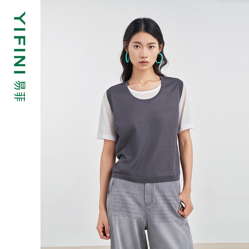 易菲假两件撞色简约宽松针织衫