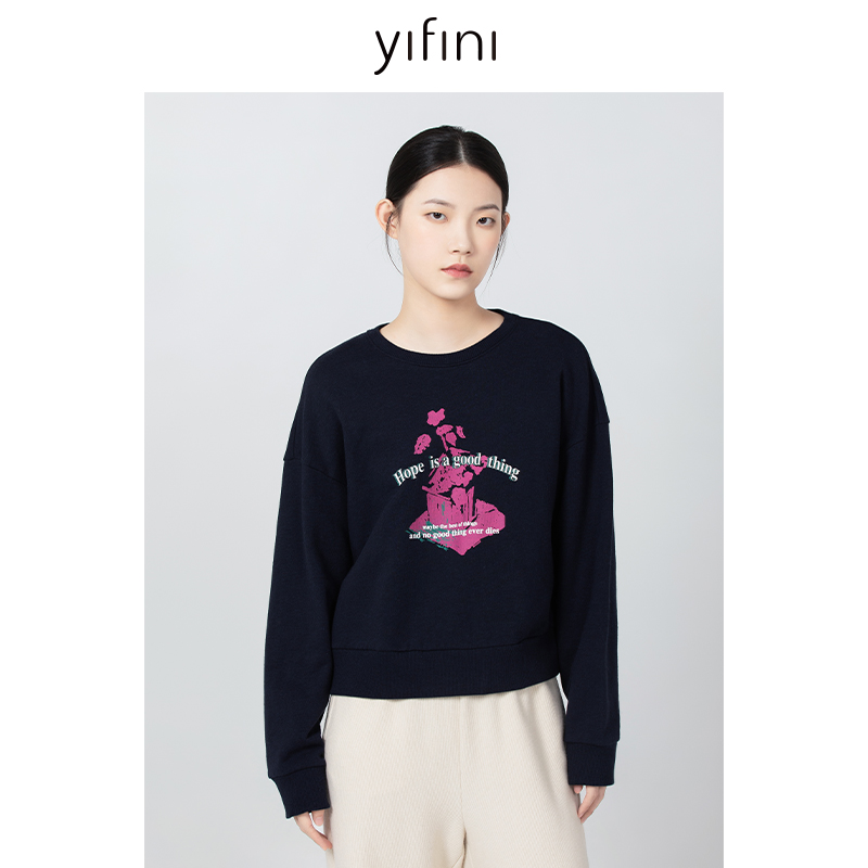 Yifini/易菲宽松短款印花圆领抓绒卫衣女春秋新款纯棉套头衫