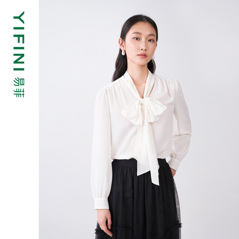 易菲知性优雅宽松飘带领结衬衫