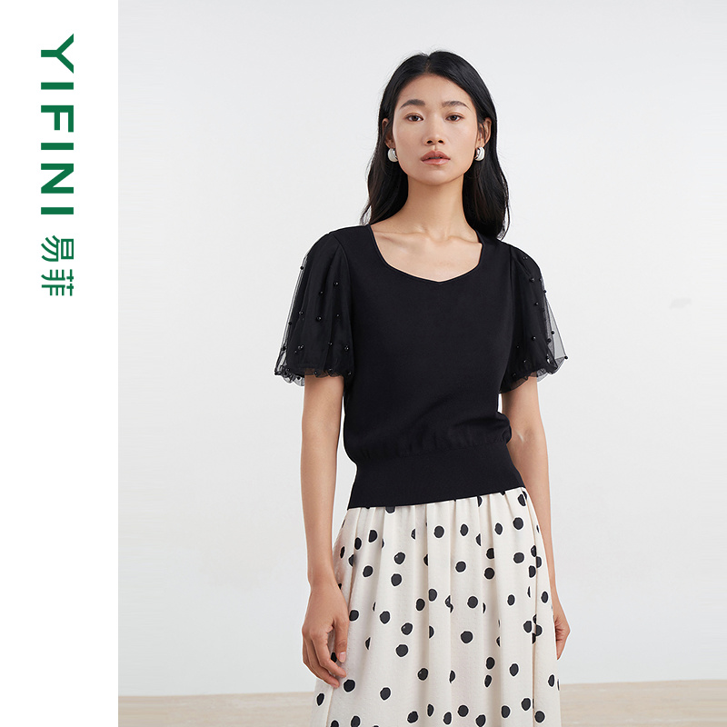 易菲短袖拼接网纱短款钉珠针织衫