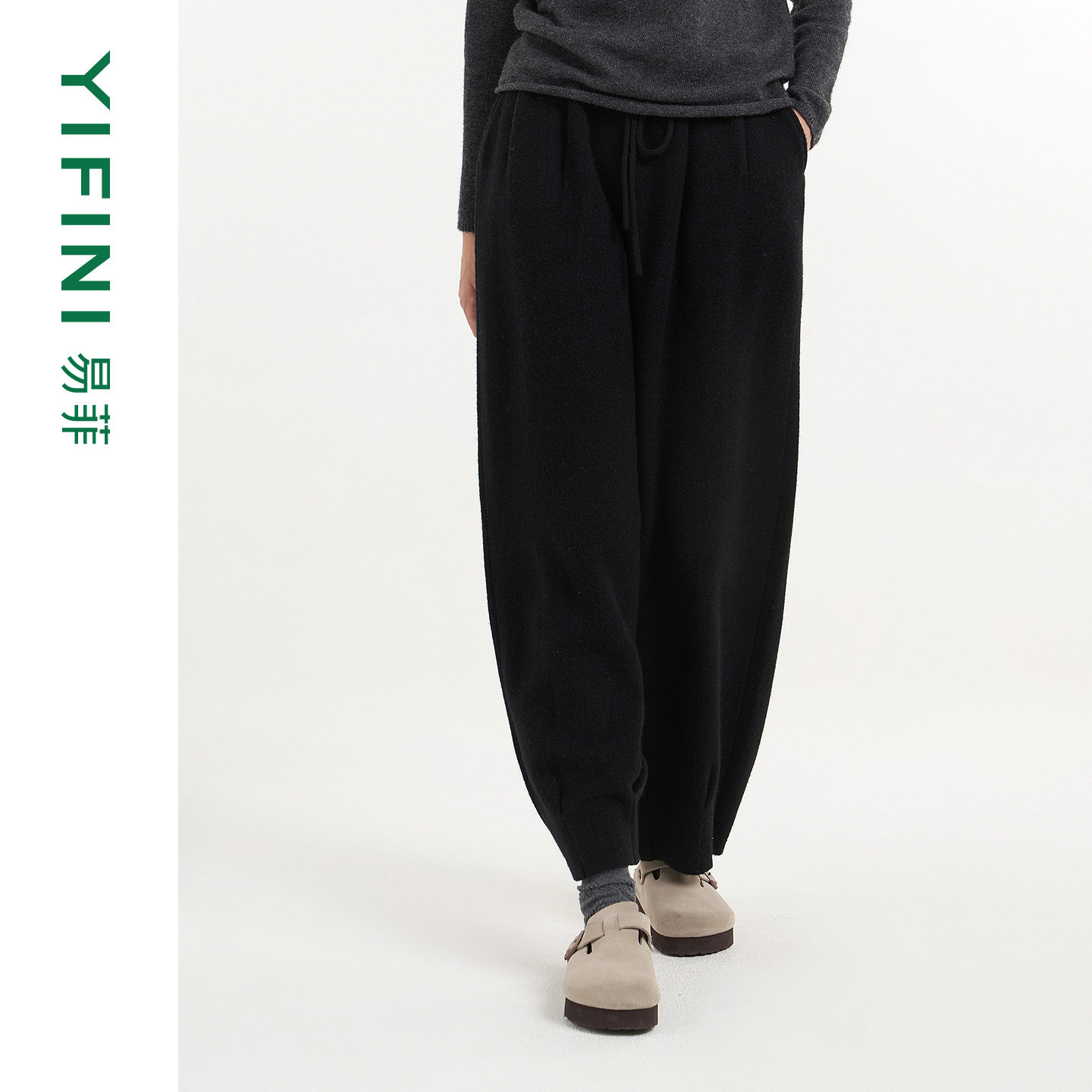 [专柜同款]Yifini/易菲100绵羊毛保暖加绒九分毛织裤女休闲裤25冬