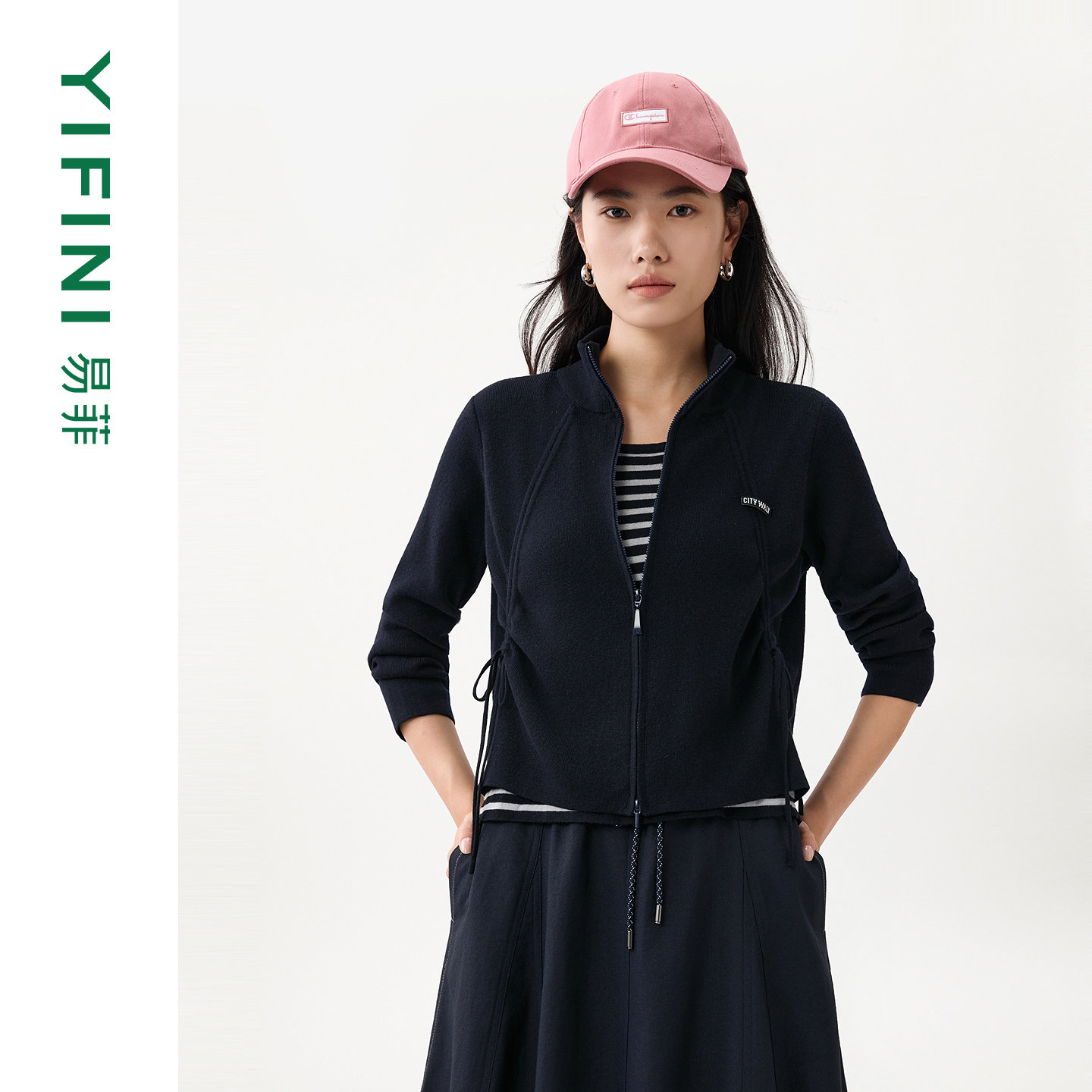 [专柜同款]Yifini/易菲截短款假两件系带修身针织套头衫外套女