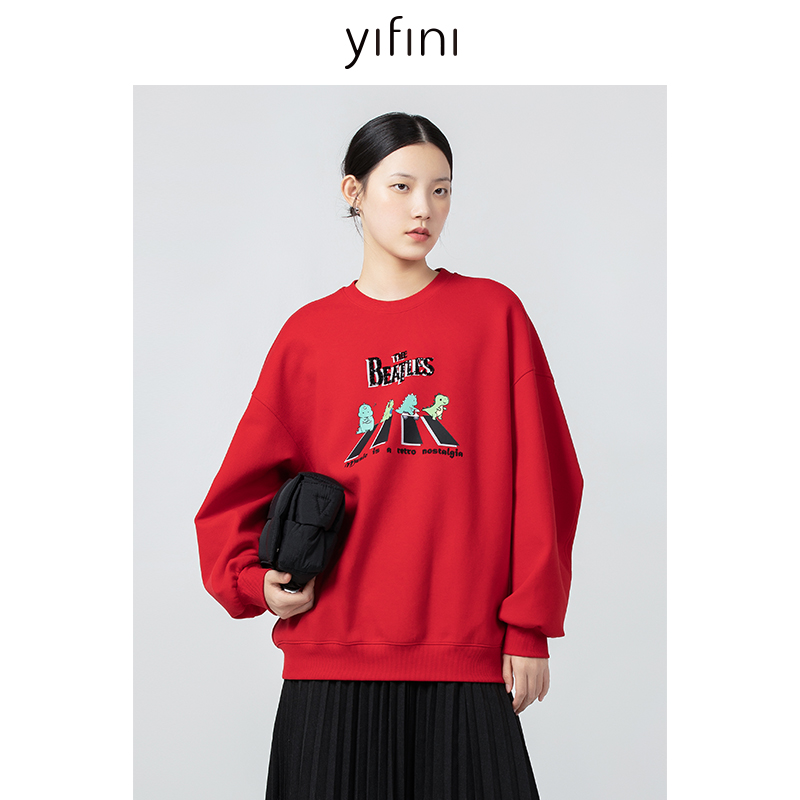 Yifini/易菲红色宽松印花套头卫衣女冬季新款上衣