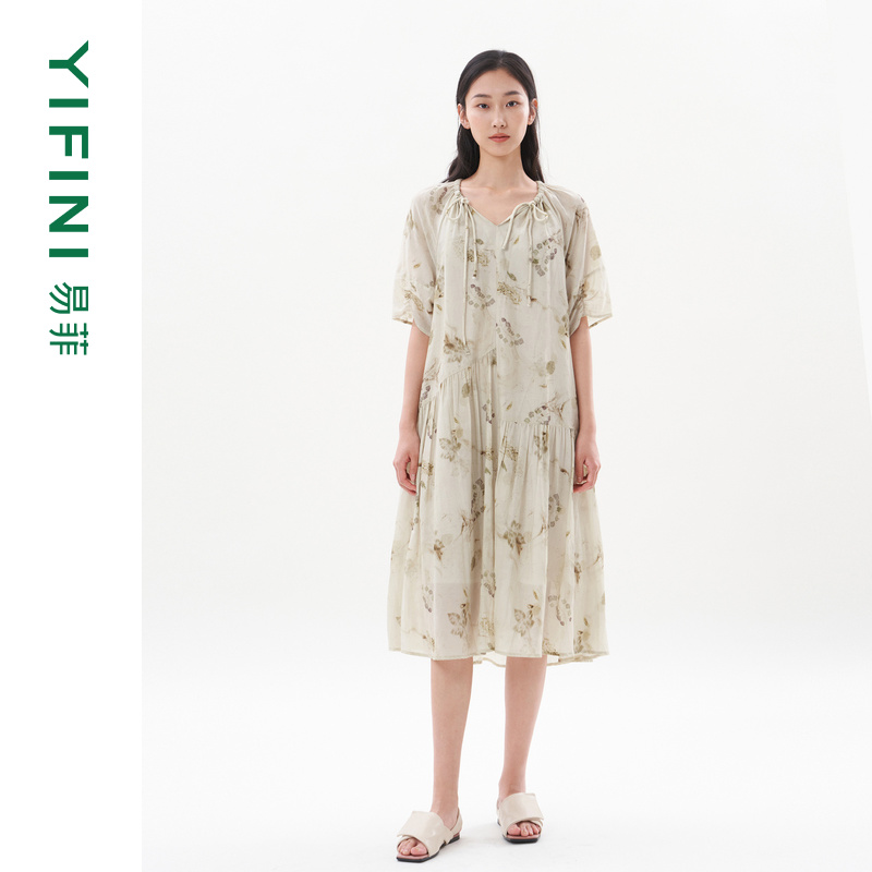易菲原创印花茶艺晕染连衣裙