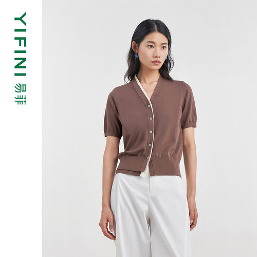 易菲假两件撞边短袖针织毛衫