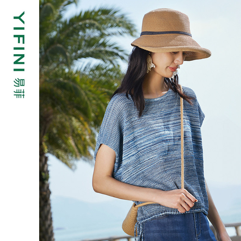 [专柜同款]Yifini/易菲定制花纱蝙蝠袖套头针织衫宽松短款上衣
