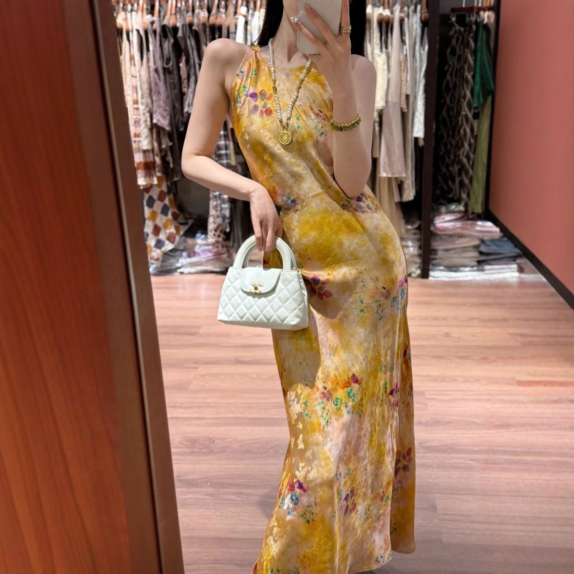 高腰提花人丝香云纱无袖连衣裙