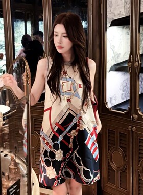 老钱风几何印花宽松亚麻连衣裙女