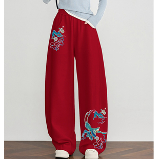 专柜不起球纯棉中式国风刺绣秋冬加绒保暖休闲裤女宽松百搭卫裤子