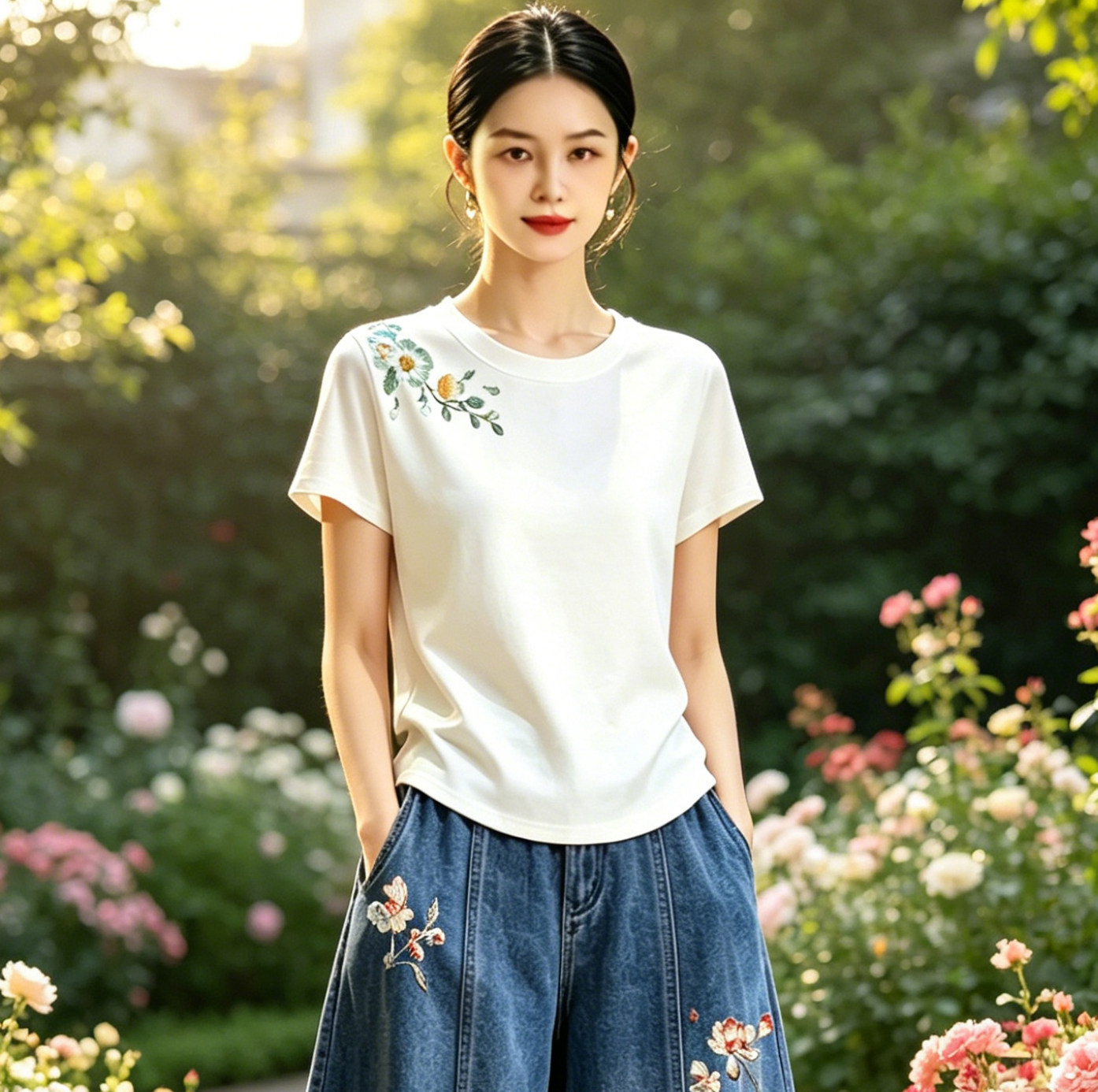 凉感桑蚕丝国潮刺绣短袖T恤女