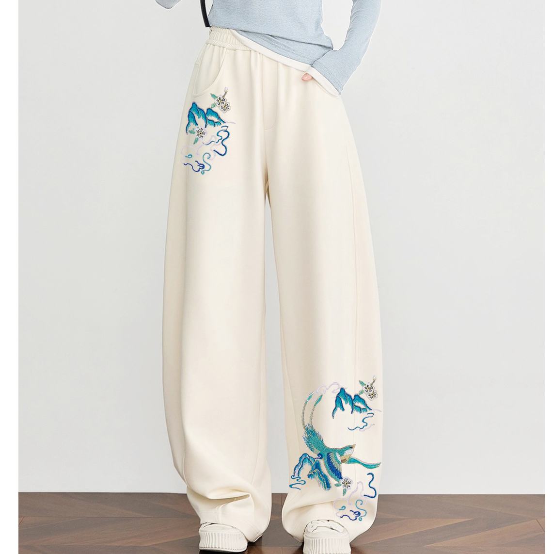 高品质纯棉新中式复古刺绣秋冬2025新款加绒休闲裤女宽松阔腿裤子