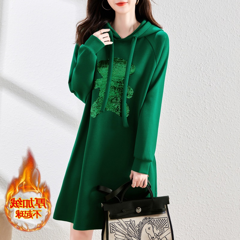 绿色纯棉加绒中长款连帽韩版卫衣