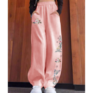 长裤 女国风2025年秋冬新款 子 100%纯棉复古刺绣宽松卫裤 高档新中式