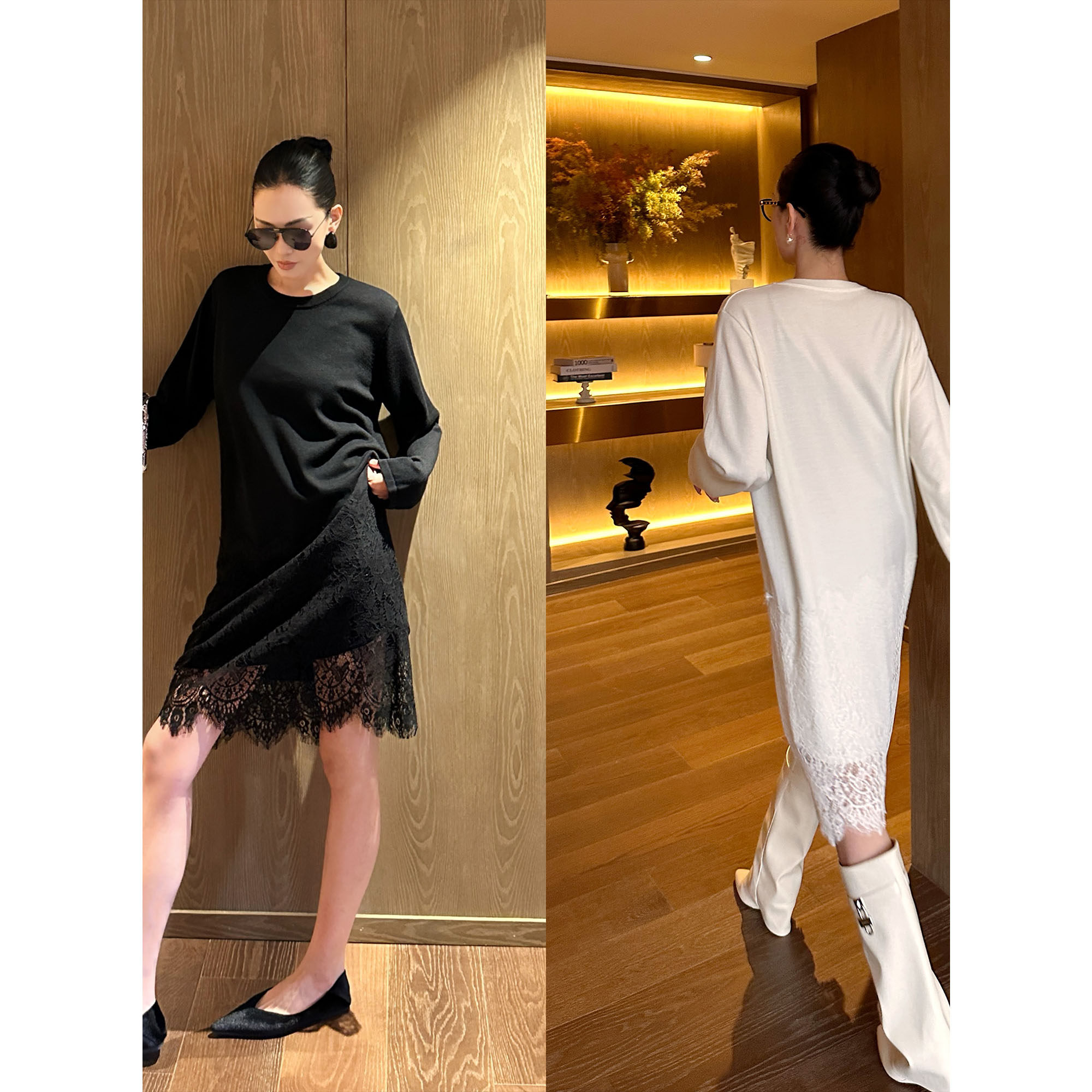 AME 优雅延伸裙  织物之美优雅蕾丝拼接舒暖毛衣裙圆领长袖连衣裙