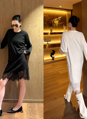 AME 优雅延伸裙  织物之美优雅蕾丝拼接舒暖毛衣裙圆领长袖连衣裙