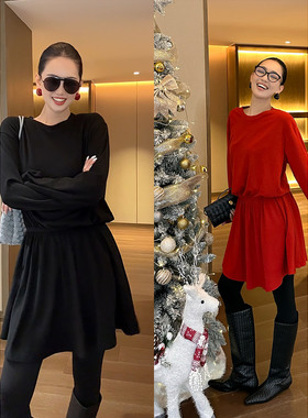 AME 意法屁帘裙 羊毛多元时髦设计师磨绒极简连衣裙圆领长袖长裙