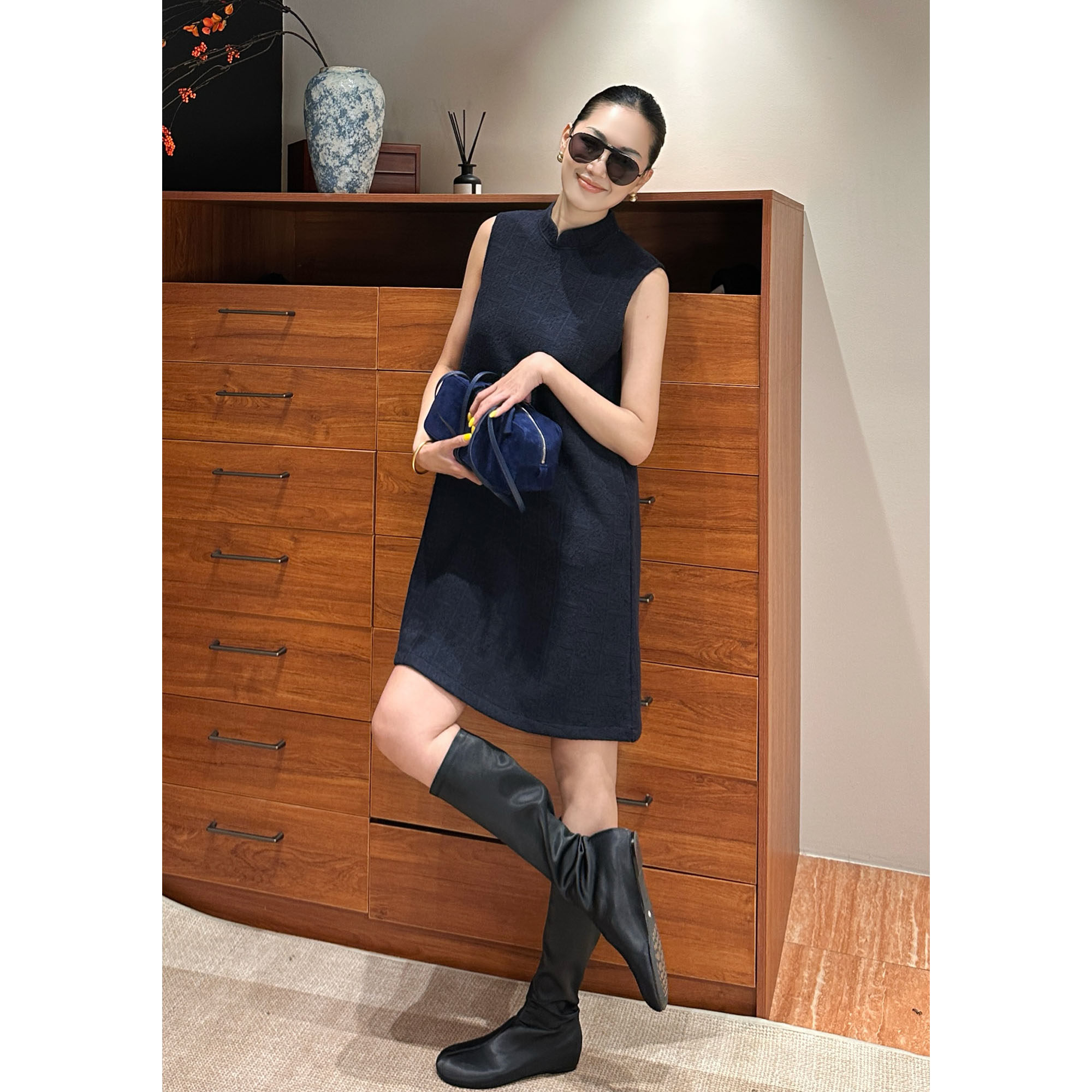 AME 蓝调中式裙 蕙质兰心靛蓝纹理三季叠搭背心裙无袖连衣裙百搭