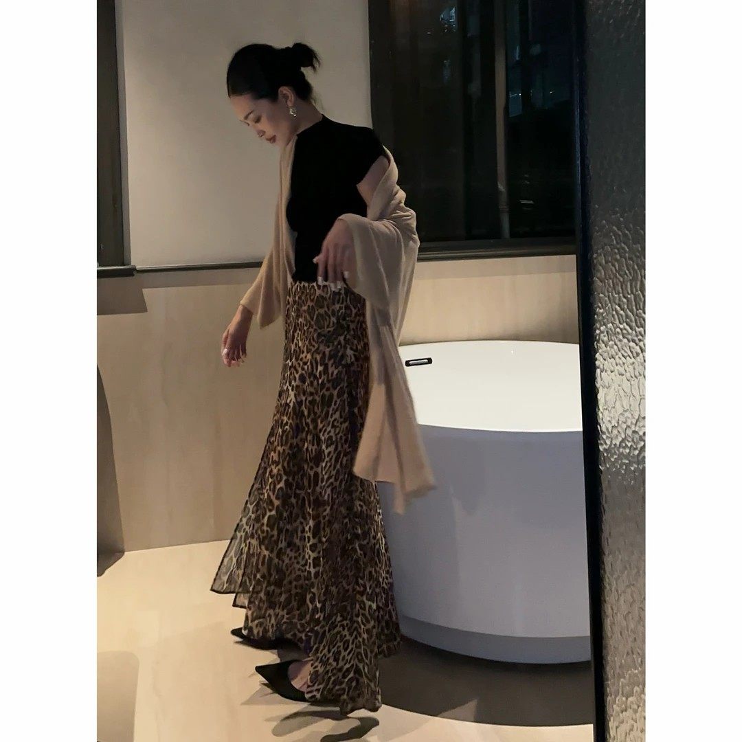 紫紫流豹裙女斜裁四季百搭素邹纱半身裙不规则设计感简约大气长裙