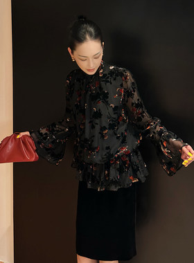 AME 桃之夭夭衫 嫣然出篱笑丝绒烧花三季上衣喇叭袖中式上衣单穿