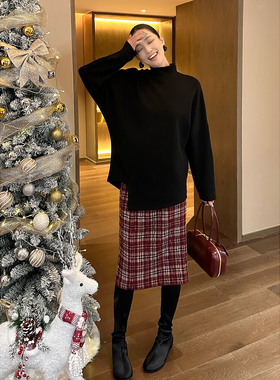 AME 格雷美人裙  重工压褶反秩序空长线条半裙格纹红圣诞风半身裙