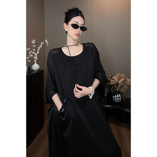 紫紫 流动韵律 飘逸自由呼吸感簪花连衣裙中袖黑色性感裙子女长裙