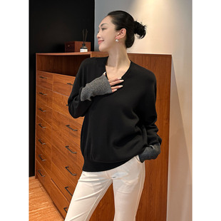AME 小身板毛衣 递进格雷毛织细节聚焦格雷柔织毛衣v领拼接上衣女