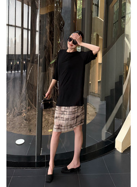 AME 灰白格    复古灰色不规则格纹立体抽绳直筒半裙ZE03BZHJ680
