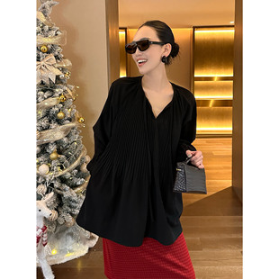 AME 优雅提纯衫 重工压褶灵动飘逸灯笼袖上衣黑色长袖v领打底衫女