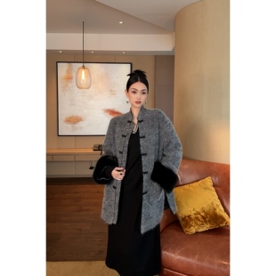 星墨香奢 外套长袖 混纱中式 修身 小众排扣保暖大衣 拼接毛毛袖 紫紫