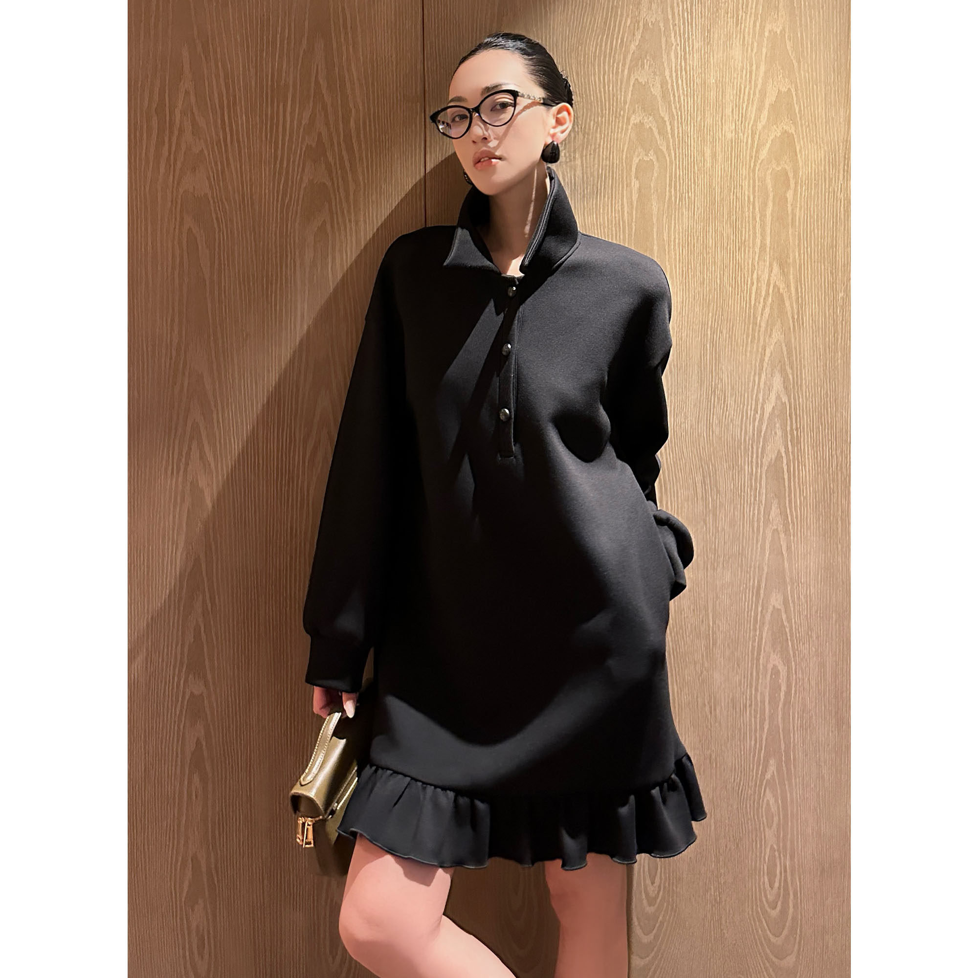 AME 裱花连衣裙 多元时髦延伸感呼吸棉裱花连衣裙polo领长袖裙子