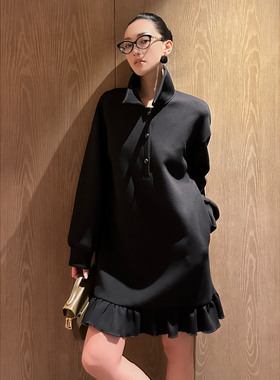 AME 裱花连衣裙 多元时髦延伸感呼吸棉裱花连衣裙polo领长袖裙子