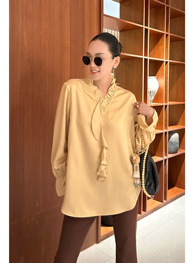 AME 香金减龄衫 矜贵加持简加法筋骨线条廓形衬衫长袖v领上衣外穿