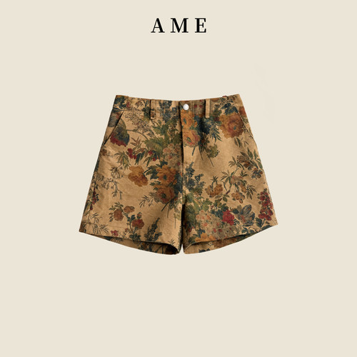 AME  中古花卉裤   植物染花短裤后松紧腰休闲短裤ZE07KZYL1524