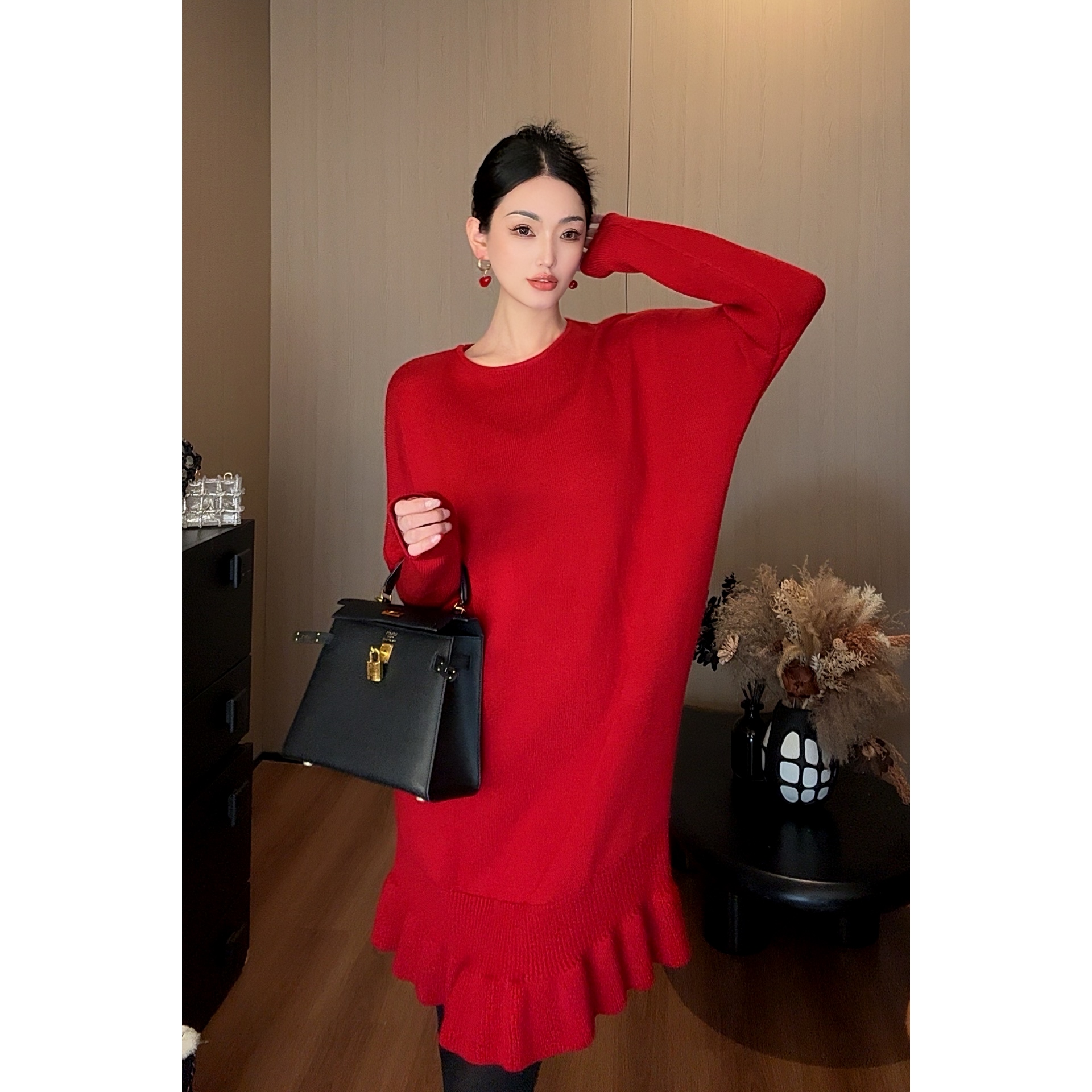 紫紫 山本 时尚气质秋冬针织鱼尾中长款连衣裙圆领长袖宽松毛衣裙