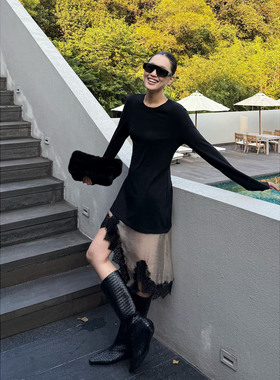 紫紫 动态优雅T裙 流光缎面蕾丝三季叠搭连衣裙不规则长裙女裙子