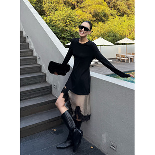 叠搭连衣裙不规则长裙女裙子 流光缎面蕾丝三季 紫紫 动态优雅T裙