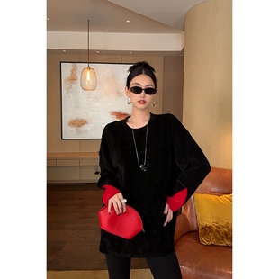 口锁温宽松上衣女圆领长袖 双面绒肌理撞色设计感袖 卫衣 朱颜 紫紫