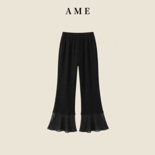 AME 绉纱裤 松紧腰透视美学拼接绉纱微喇裤气质百搭显瘦休闲裤女