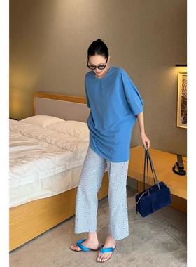 AME  蓝莓甜    全棉印花松紧腰时尚休闲阔腿九分裤ZE03KZHJ721