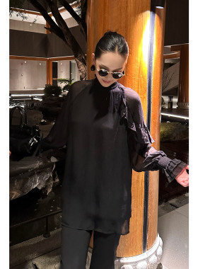 AME 黑糖立领衫 南法洋气微醺女人荷叶边网纱上衣长袖春季单穿女