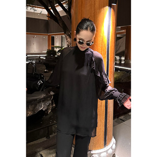 AME 南法洋气微醺女人荷叶边网纱上衣长袖 春季 单穿女 黑糖立领衫