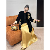 AME 百搭显瘦小众外套 国风丝绒钉珠刺绣外套长袖 金竹报喜袍 中式