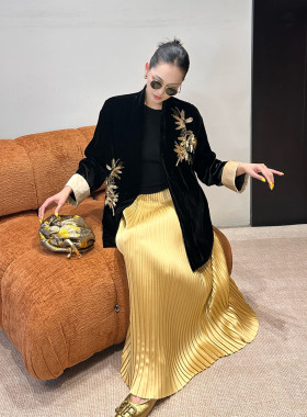 AME 金竹报喜袍  中式国风丝绒钉珠刺绣外套长袖百搭显瘦小众外套