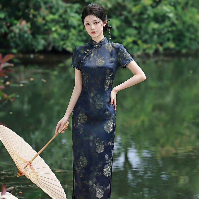 深蓝色妈妈装送考新中式长款改良旗袍2026新款女复古短袖日常夏季